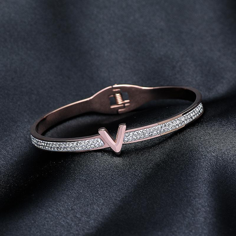 

Bangle RhinestoneLetter V Shape Bracelet & For Women Men Charm Stainless Steel Jewelry Pulseiras