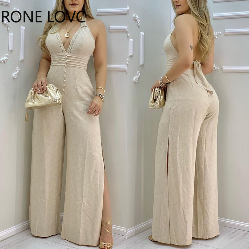

Women Jumpsuits Lace Trim Buttoned Backless Slit Jumpsuit V Neck Jumpsuit, Beige