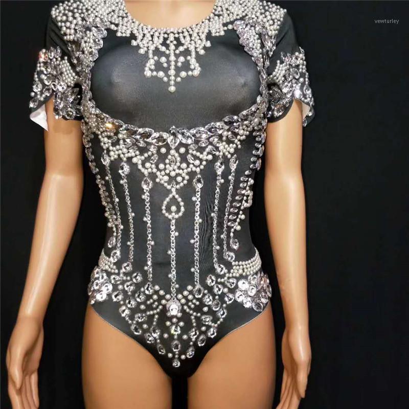 

Party Decoration E99 Black Rhinestone Pearl Short Piece Bodysuit Dj Wears Pole Dance Costumes Stage Show Jumpsuit Singer Performance Clothe