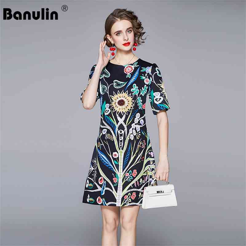 

Banulin Summer Fashion Runway Mini Dress Women's Short Sleeve Zipper Beading Floral Print A Line Elegant Dresses 210603, Black