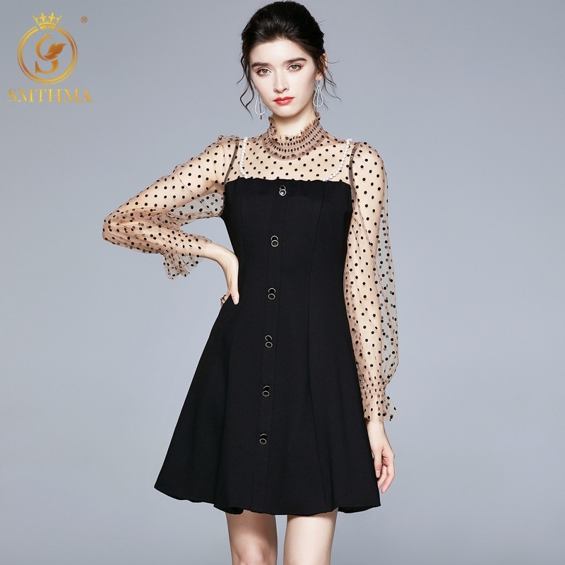 

Fashion Runway Autumn Dresses Women Long Sleeve Polka Dot Mesh Patchwork Black Vintage Ladies Mini Vestido Da Festa 210520, Photo color