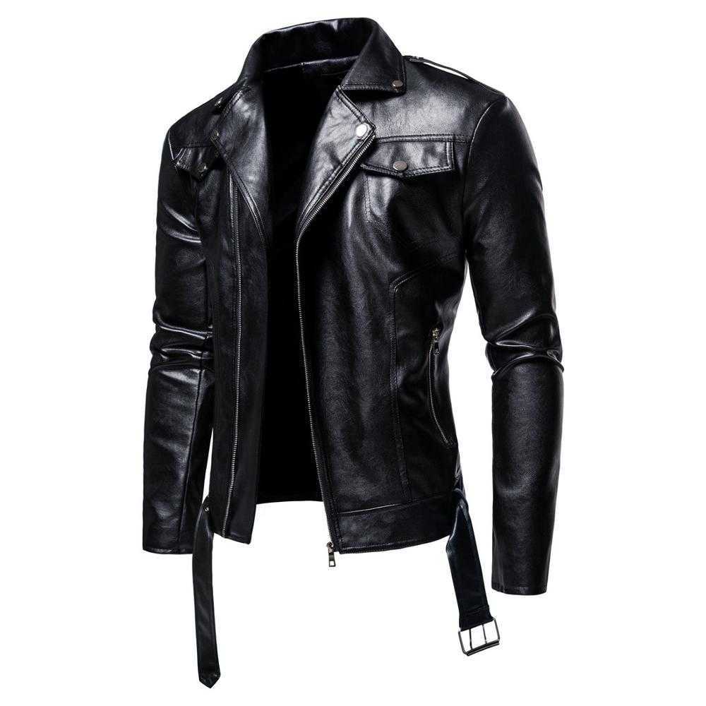 

2020 New Men's Oblique Zipper and Lapel PU Leather Jacket Youth Fashion Casual Fashion Motorcycle Leather Jacket X0621, Black