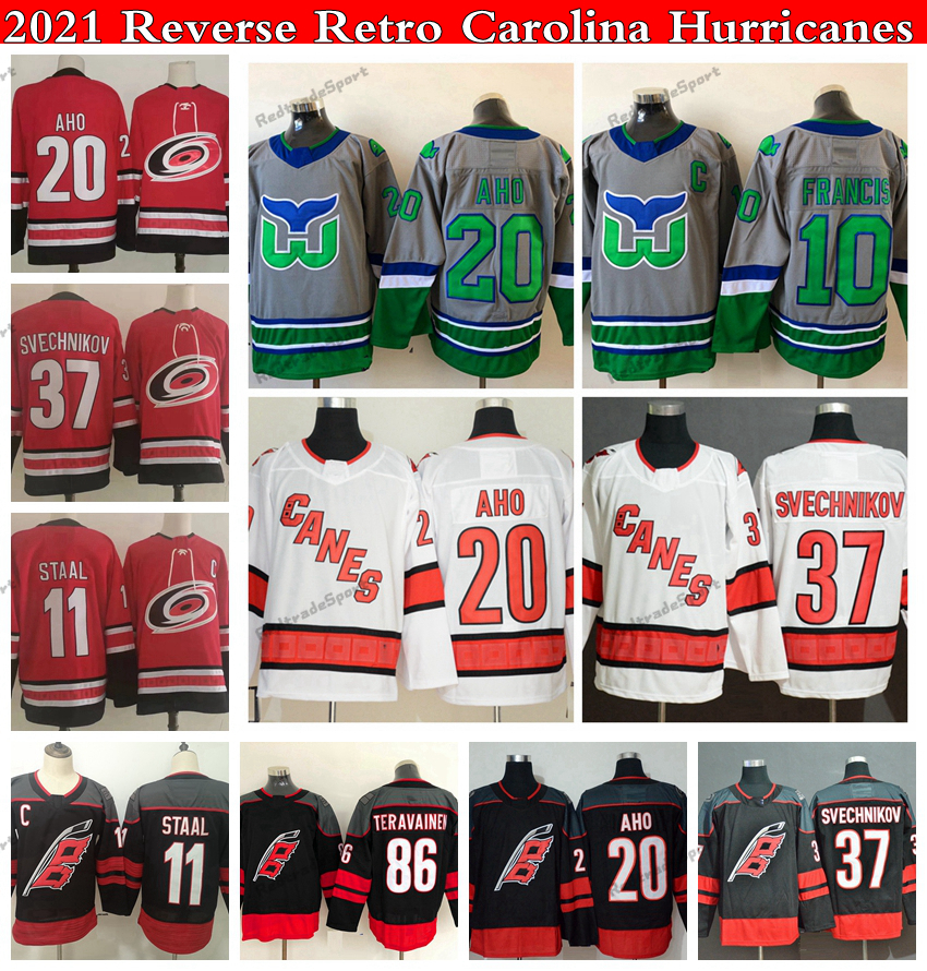 

2021 Reverse Retro Carolina Hurricanes 11 Staal 20 Sebastian Aho Hockey Jerseys Alternate 37 Andrei Svechnikov 86 Teuvo Teravainen 10 Ron Francis CANES White Jersey, Canes white 20