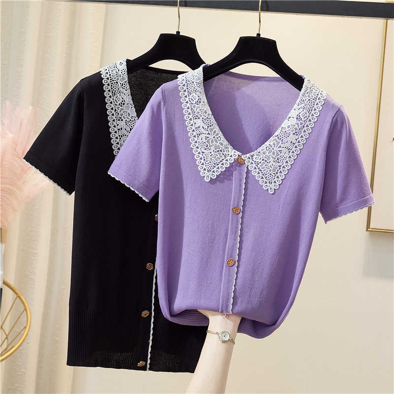 

Women's Lace V Neck Knitted Thin Sweater Tops Woman Slim Puff Sleeve Solid Summer Oversized Sweaters Pullovers Tee Female 210604, Purple
