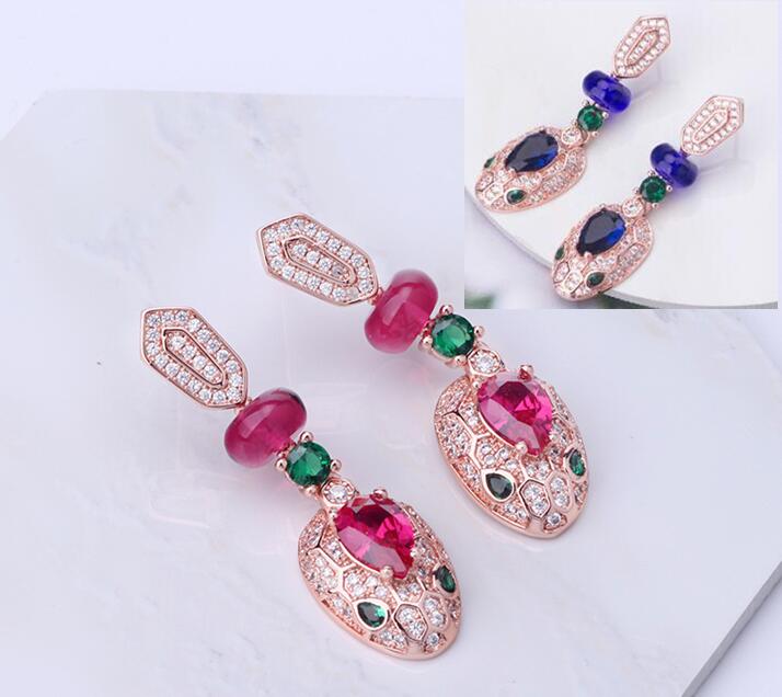 

Luxury Fashion Lady Brass 18K Gold Colour Jewel Full Diamond Serpent Head Engagement Wedding 925 Silver Needle Stud Earrings