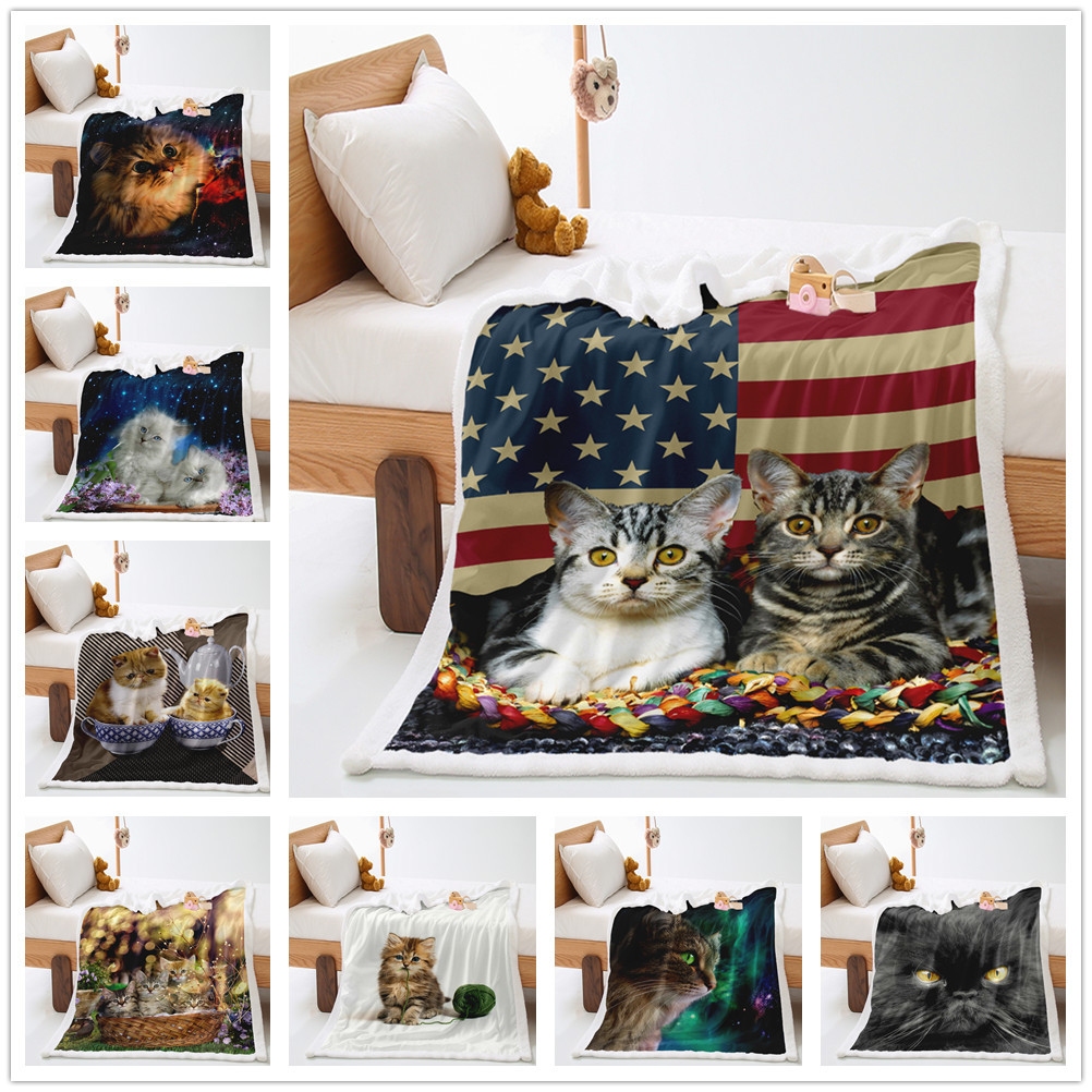 

2021 New Arrival American Style Adorable Cats Printed Blanket 3D Digital Printing Lamb Cashmere