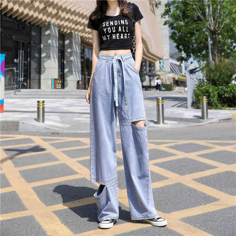 

women's jeans torn female jeans, high-waisted clothes with high waist, vintage fashion, harajuku style, straight pants, pd57, Blue