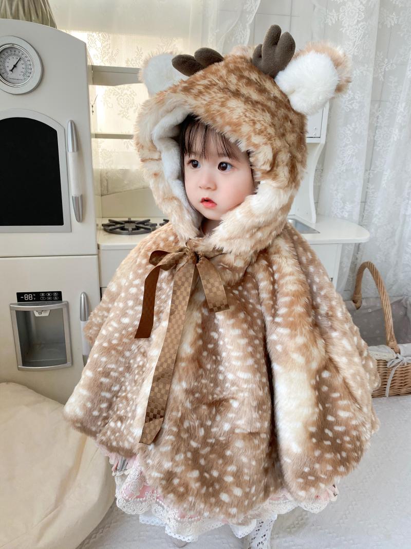 

Down Coat Baby Girls Christmas Deer Cloak Autumn Winter Thickened Toddler Birthday Party Fawn Shawl Cape Faux Fur Children Costume, Blue;gray