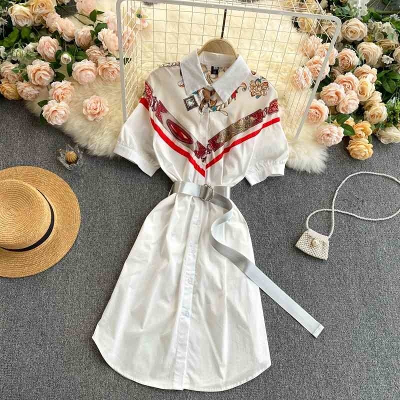 

European and American retro print high-end dress with lapel short sleeves lace up slim slimming light mature long skirt 210525, Dark blue
