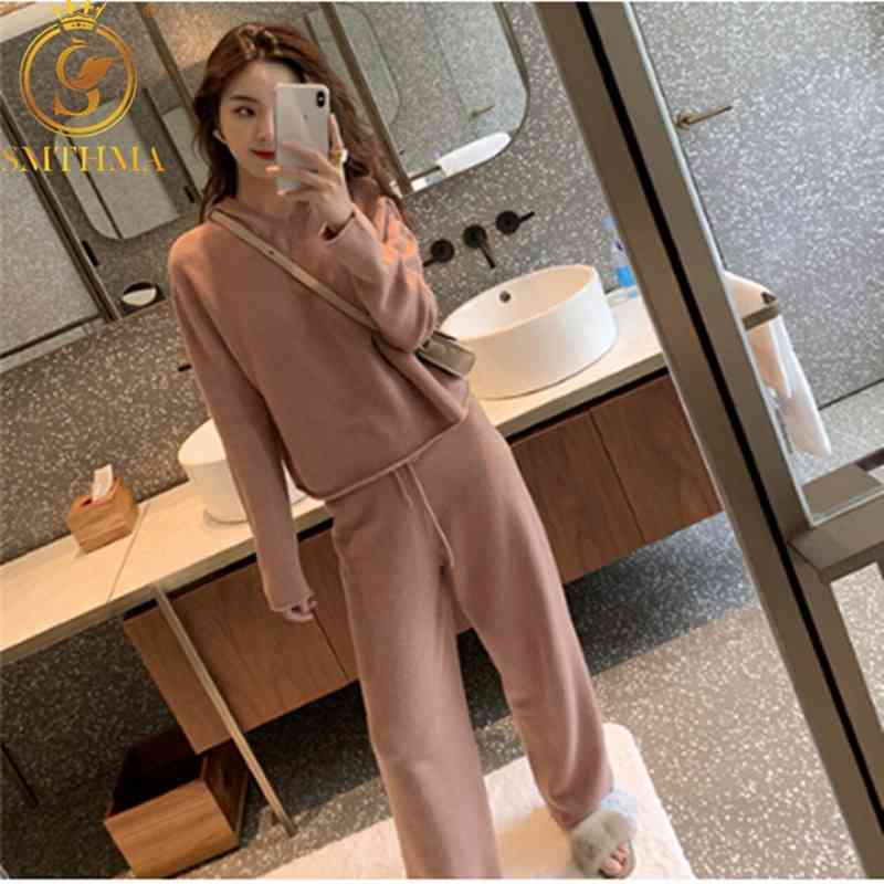 

Wool Hooded Knit Suit Women Autumn Winter Long Sleeves Knitted Tracksuit Casual Pant 2 Piece Set 210520, Photo color