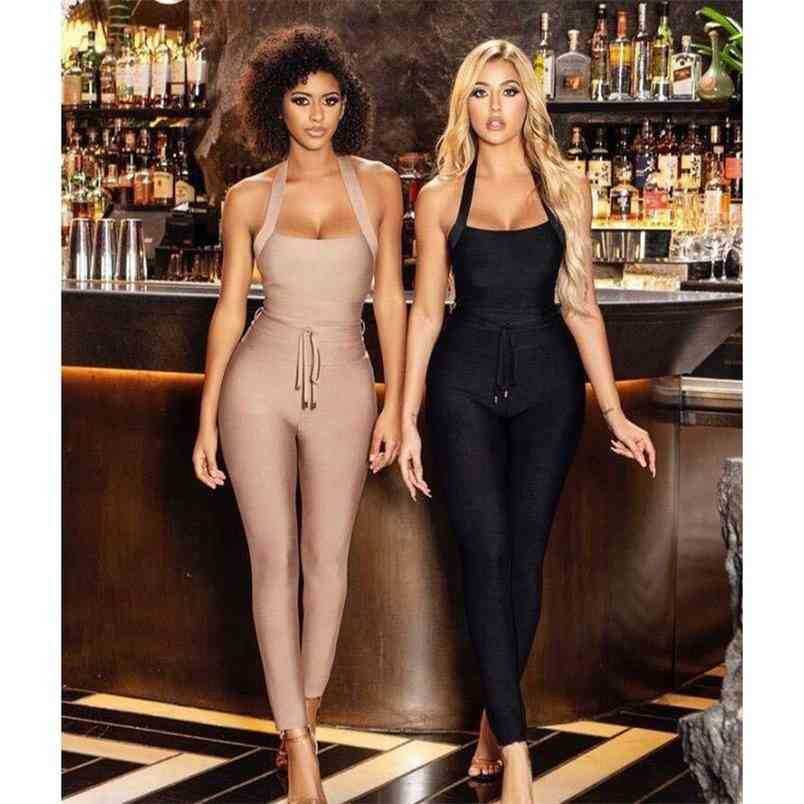 

High Quality Nude Black Suspender Bandage Jumpsuit Rayon Elegant Celebrity Woman Party Wear Retro Tights 210525, Beige