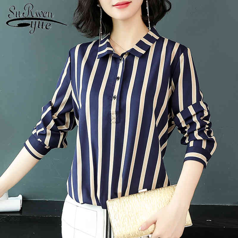 

Fashion Long Sleeve Chiffon Blouse Striped Ladies Clothes Women Tops and Autumn Casual Large Size 5987 50 210521, Blue
