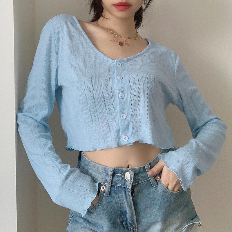 

Women' T-Shirt Women Button Down Crop Tops T-Shirts Knitted Long Sleeve V Neck Solid Color Loose Cardigan Knitwear Spring Autumn Female Lad, Blue