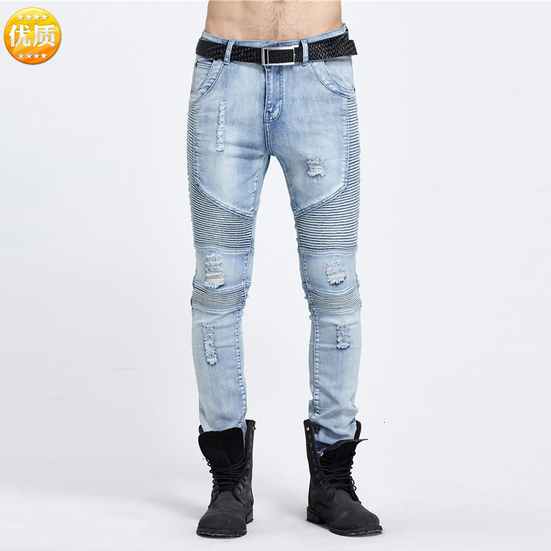 

fashion jeans biker men's jean motorcycle european splicing elastic leggings, Blue