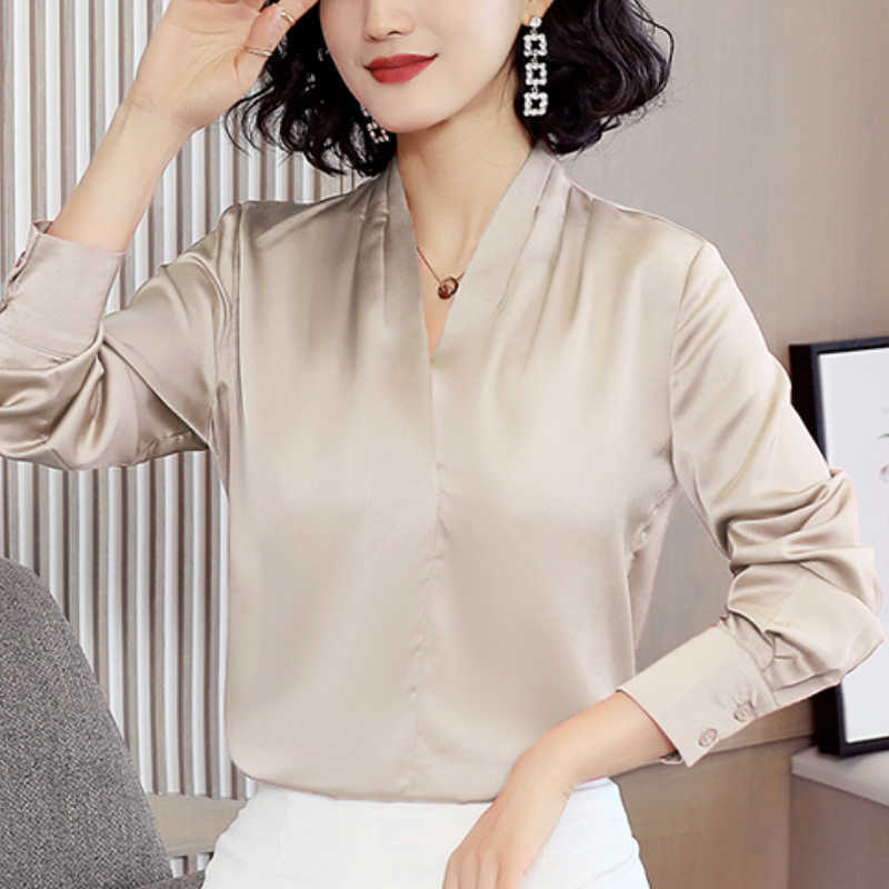 

Blusas Mujer De Moda V-neck Office Blouse Women Tops Spring Long Sleeve Chiffon Blouse Women Womens Tops And Blouses C465 210602, Pink