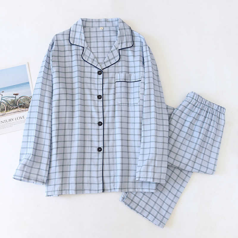 

Japanese spring and autumn men's cotton lapel long-sleeved trousers simple plaid home pajama set plus sizemen pajamas 211019, Grey grid