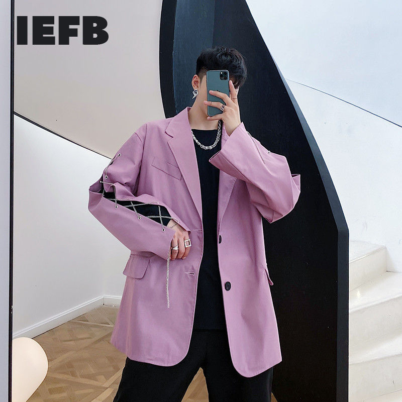 

IEFB /men's wear two-color chain design sleeve suit coat Korean loose casual oversize single breasted blazers for male Y3733 210524, Violet