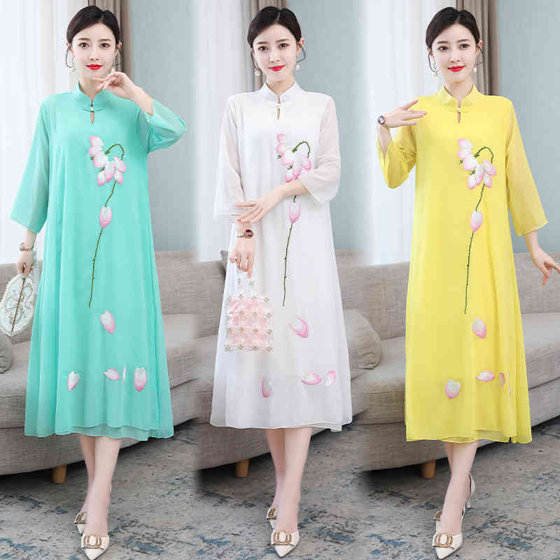 

Casual Dresses women chinese floral embroidery qipao oriental styled dresses chiffon style modern cheongsam dress 0TPG, White