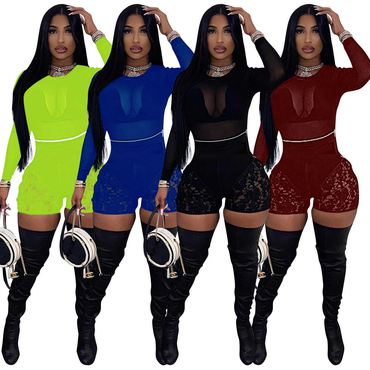 

Women Set Solid Mesh Long Sleevele Tops Lace Shorts Two 2 Piece Sets Sexy Night Clubwear Summer Outfits X0709, Gray