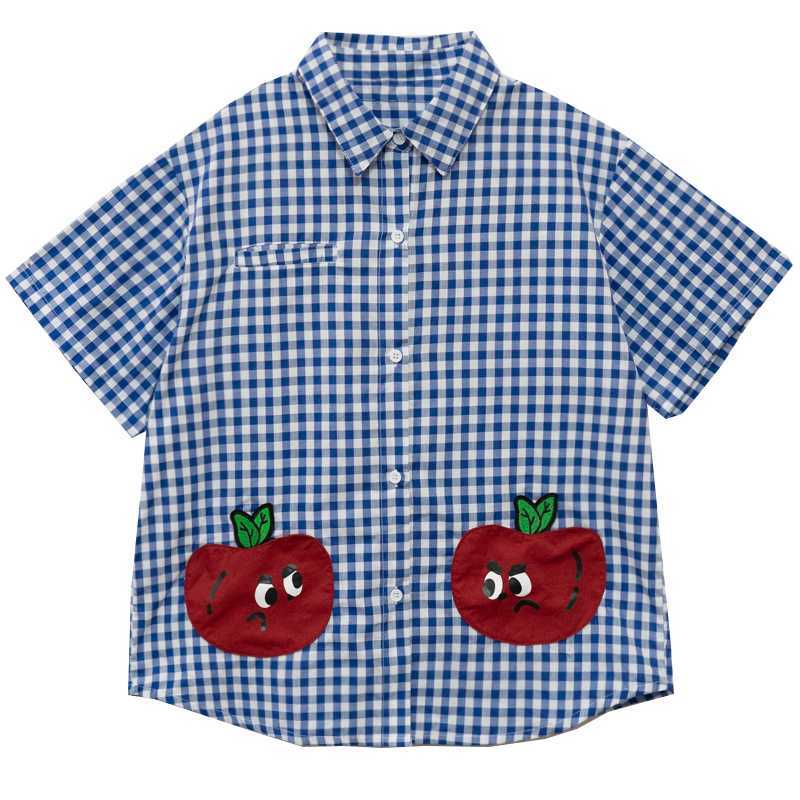 

Blue Cartoon Appliques Graphic Shirts Single Breasted Casual Blouse Women Summer Preppy Style Short Sleeve Ladies Tops 210526