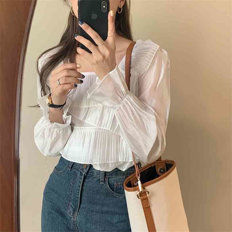 

Pleated High Waist Square Collar Office Lady Vintage Tops Retro Chic Loose All Match Streetwear Blouses 210525, White