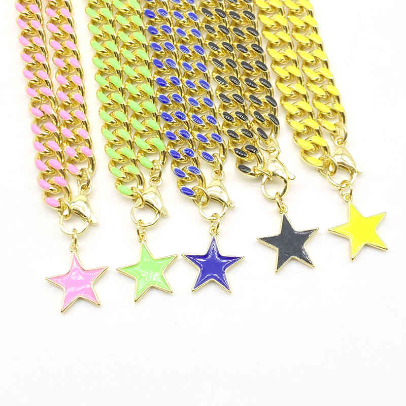 

5pcs/lot Hot Design Enamel Star Charm Cuban Chain Enamel Necklaces X0509