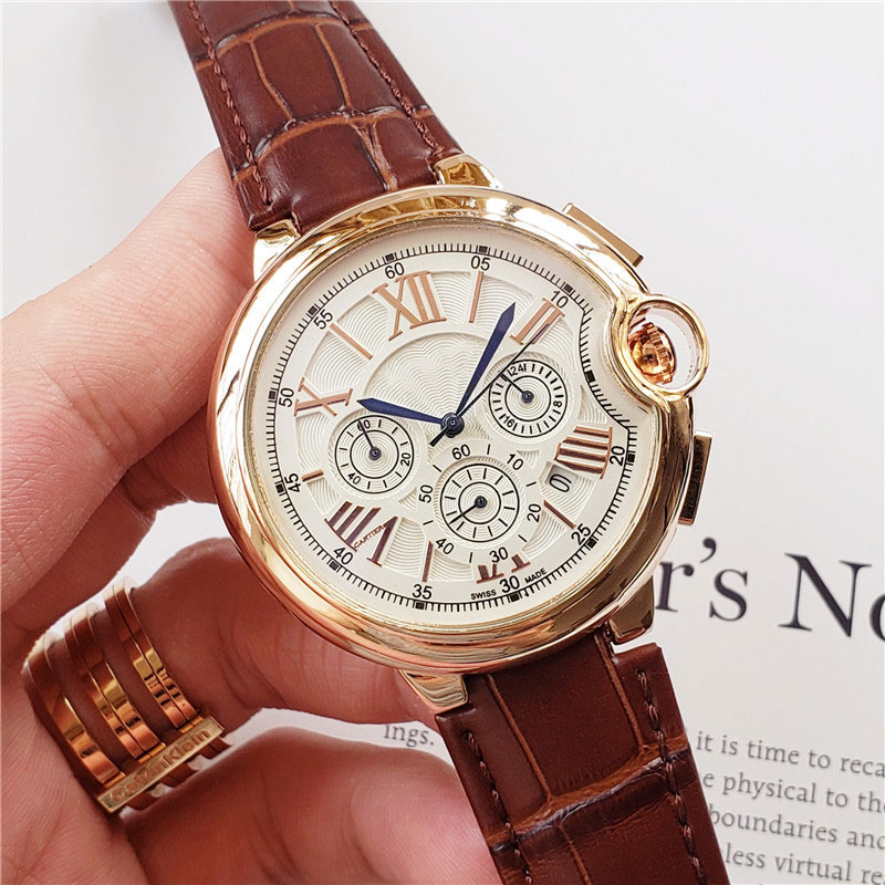

On sale mens watch quartz movement watches chronograph all dial work leather wantchband stainless steel case lifestyle waterpoof wristwatch for men Montre De Luxe