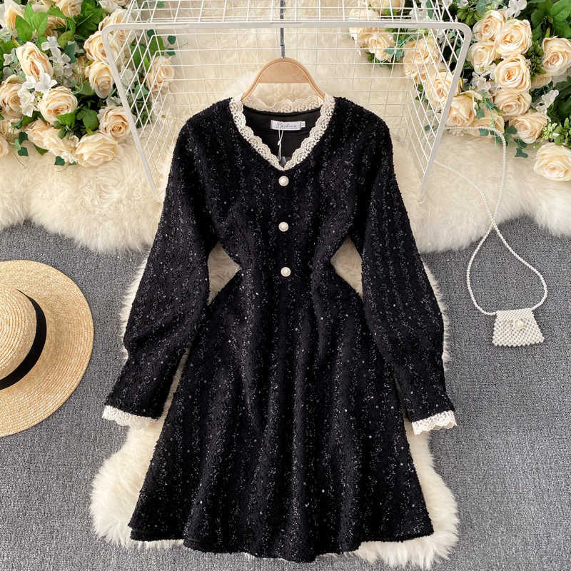 

LY VAREY LIN Spring Autumn Women A Line V Neck Puff Sleeve High Waist Dress Casual Solid Slim Single Breasted 210526, Black