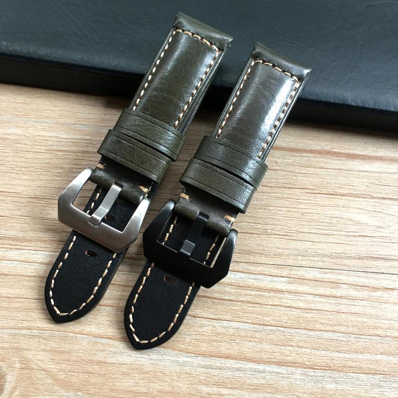 

Watch Bands 24mm*22mm Blackish Green Vintage Oil Italy Genuine Leather Watchband For PAM PAM441 PAM737 111 Strap Pin Buckle Bracelet