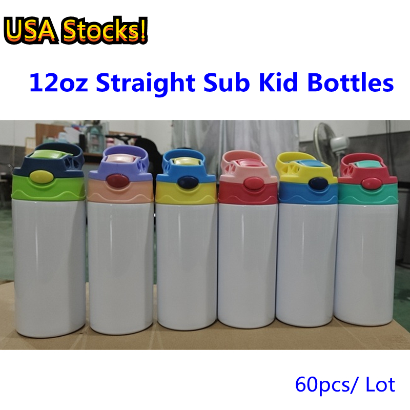 

USA STOCKS! 12oz Sublimation Straight Sippy Cup with flip top Kids Tumbler for Children Vacuum Insulated Milk Bottles Double Wall Stainless Steel Nursing Bottle, Mixed