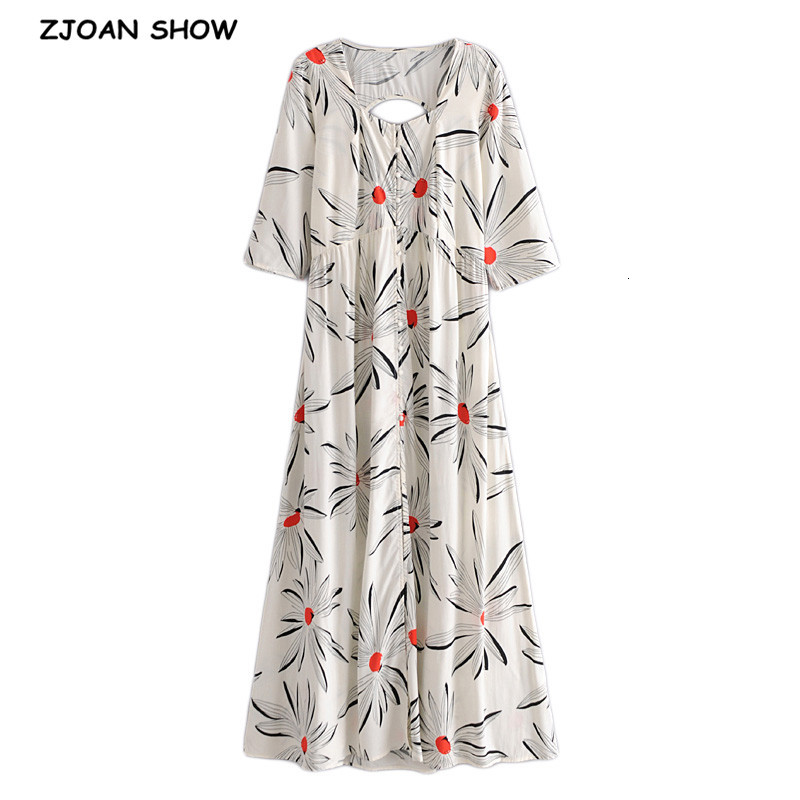 

Casual Dresses 2021 BOHO Single-breast Buttons Big Flower Print Shirt Dress Holiday Woman Half Sleeve Large Swing Maxi Long DO8Q, Ivory