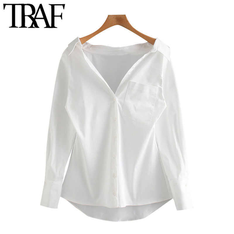

TRAF Women Fashion With Pockets Asymmetric Blouses Vintage Long Sleeve Button-up Female Shirts Chic Tops 210721, As picture