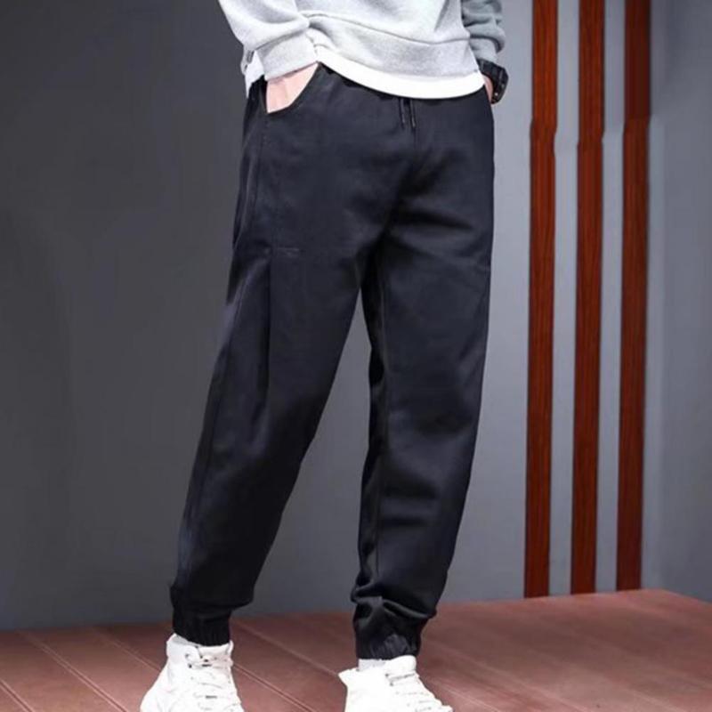 

Men's Pants Male Trousers Solid Color Men Soft Texture Multiple Pockets Stylish Drawstring Casual, Black