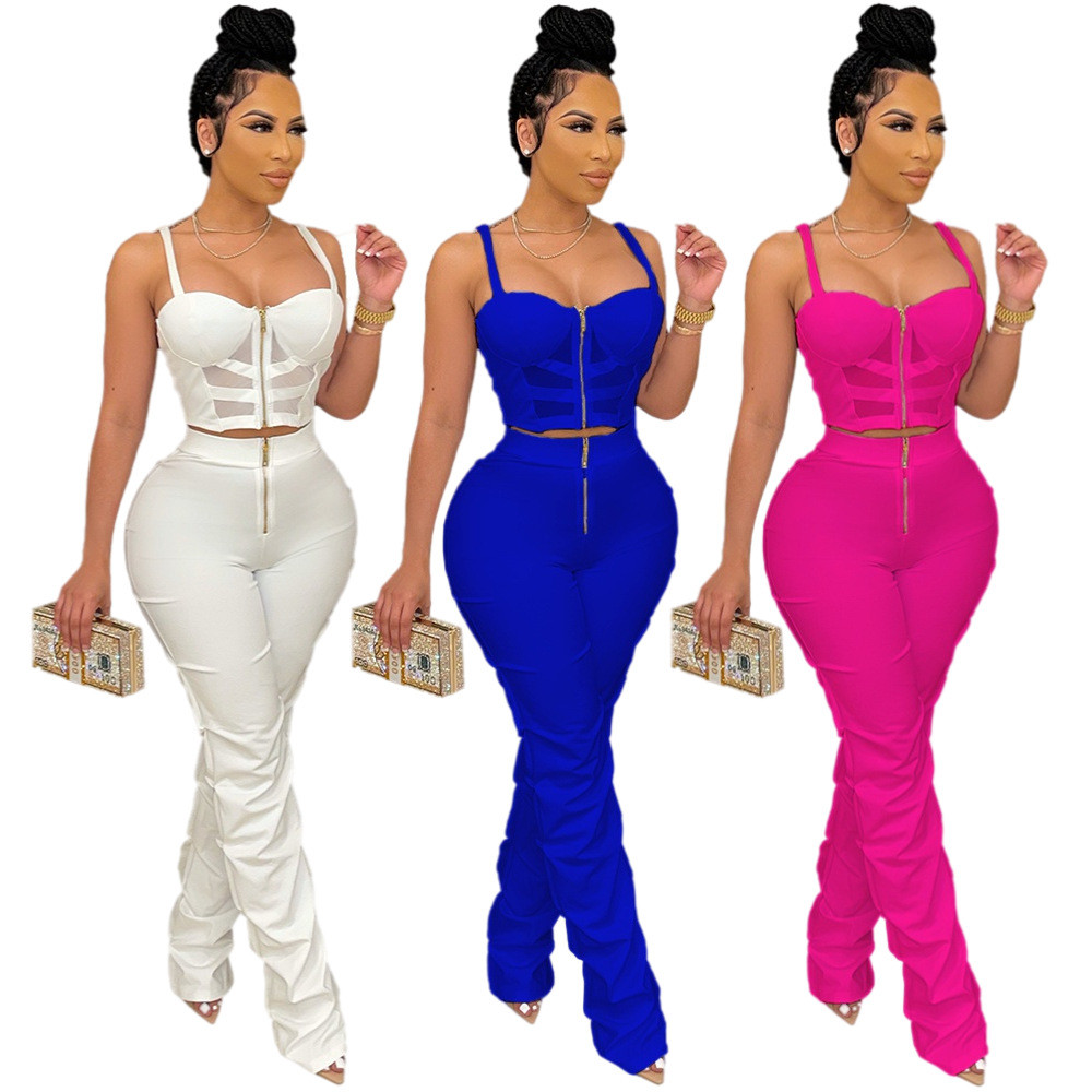 

Summer Tracksuit Women Fitness Matching Set Sheer Mesh Zipper Up See Through Camisole Top+stacked Jogger Sweatpant Casual Suits, Blue
