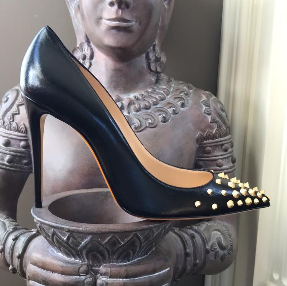 

Designer Fashion Women Shoes Black Matte Leather Heel Pumps Gold Spikes Rivets Point Toe Stiletto High Heels Bride Wedding Shoe Box dust bag