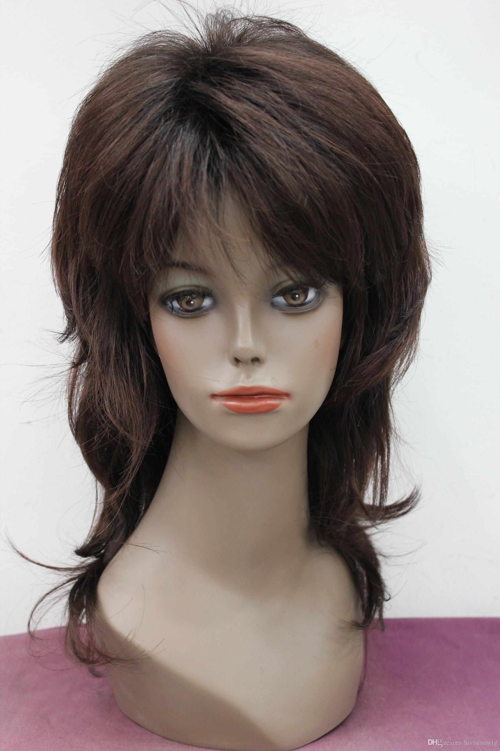 

fashion High quality Off black mix Dark Auburn Brown layered medium length synthetic women's wavy full wig