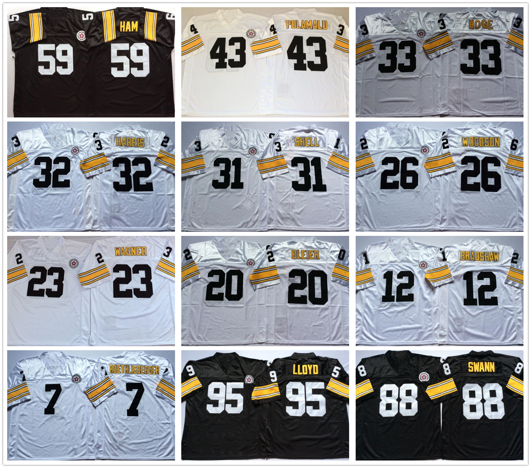 

NCAA Vintage Football jersey 43 polamalu 33 hoge 32 harris 31 shell 26 woodson 23 wagner 20 bleier 12 bradshaw 7 roethlisberger wear all stitched mens jerseys black