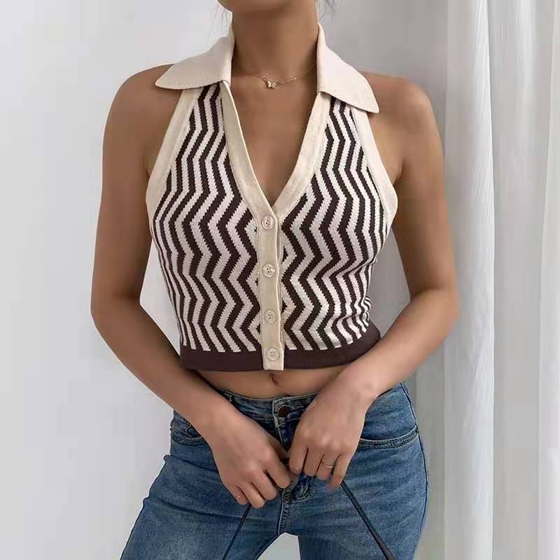 

Helair Women Summer Stripe Knitted Crop Tops Button Up Halter Night Club Tank Sliming Sexy Clothes 210518, Blue