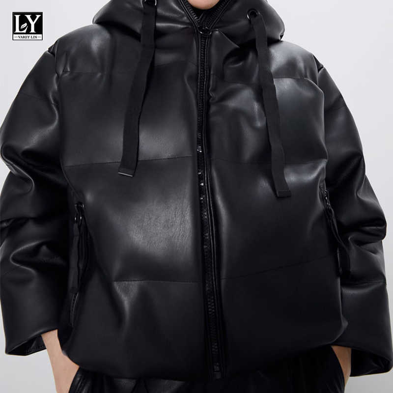 

LY VAREY LIN Faux Leather Hooded Cotton Jackets Winter Women Zipper Ribbon Pocket Thick Warm Windproof Female Outerwear 210526, Khaki