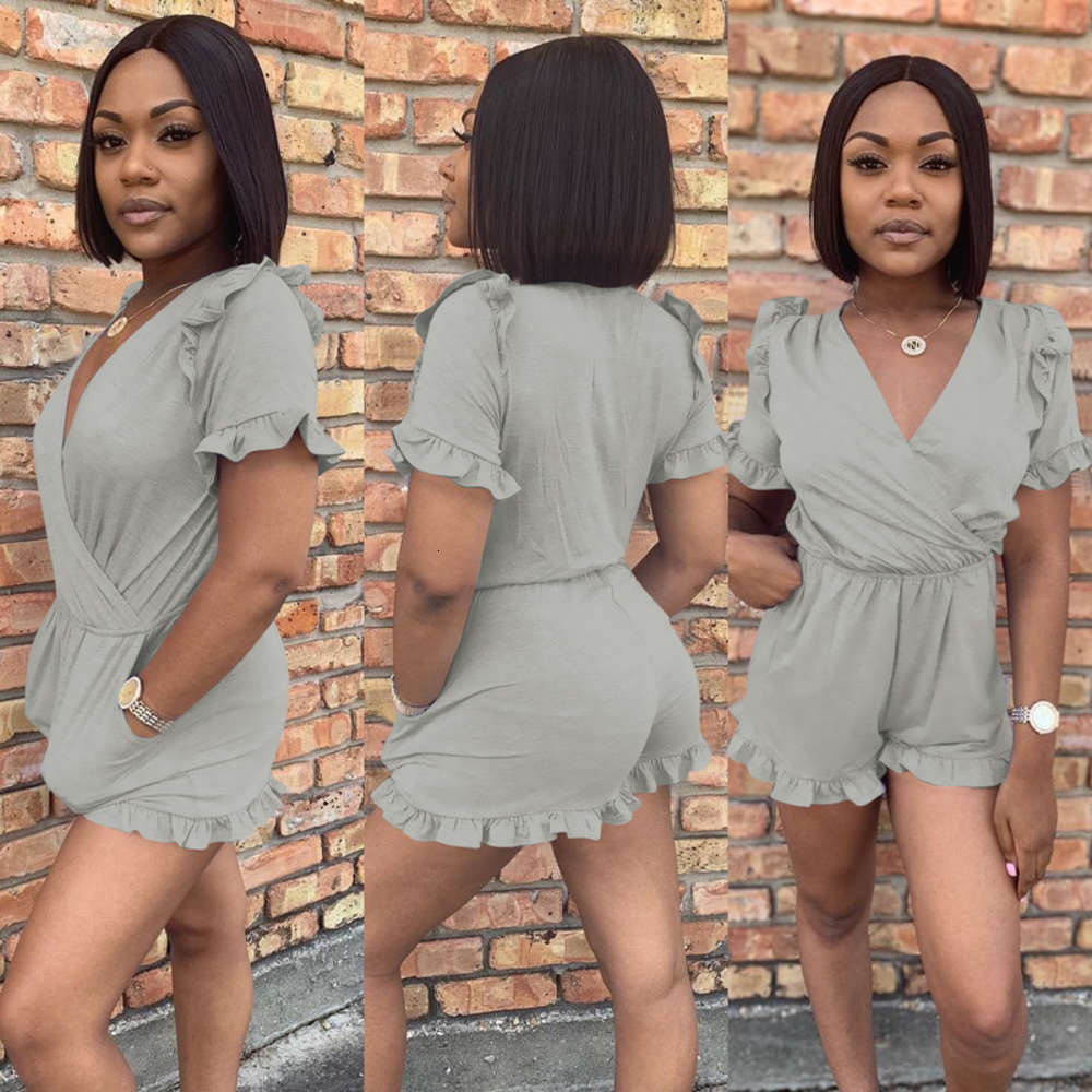 

Casual Dresses H1370 women' solid color Jumpsuit with ear sleeve and edge, Gray