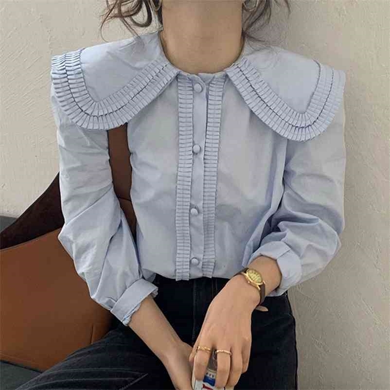 

Korea Gentle Milky Blue Doll Collar Organ Pleated Design Bound Button Loose Puff Sleeve Shirt Top 210525, White