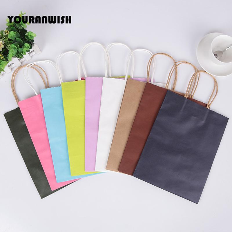 

Gift Wrap 20pcs/lot White Pink Purple Sky Blue Coffee Kraft Paper Bag With Handle Wedding Birthday Party Package Bags