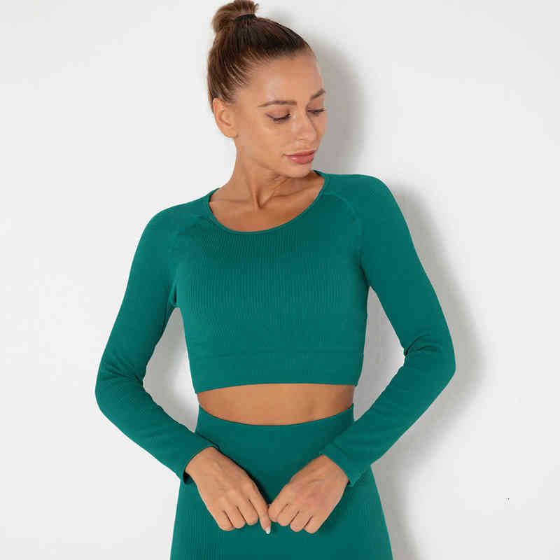 

Women's T-shirt Autumn and winter knitted thread tight long sleeve top fast drying sports running fitns cloth seamls yoga cloth women, White