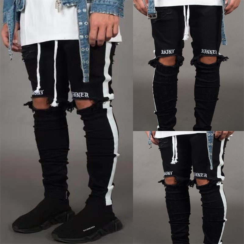 

Mens Pants Pencil Broken Hole Side Of The Ribbon New Style Jeans European And American Wind High Street Pants, Blue