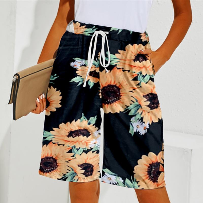 

Women' Shorts 2021 Beach Fashion Casual Print Beachwear Wide Leg Printed Bandage Loose Drawstring, Brown