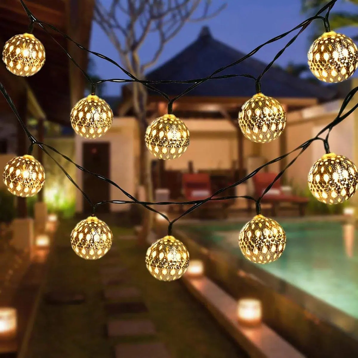 

5M 7M Moroccan Metal Ball 20/30/50 LED Solar String Light Outdoor Christmas Fairy Lamp Garden Decor - Warm White 50LED