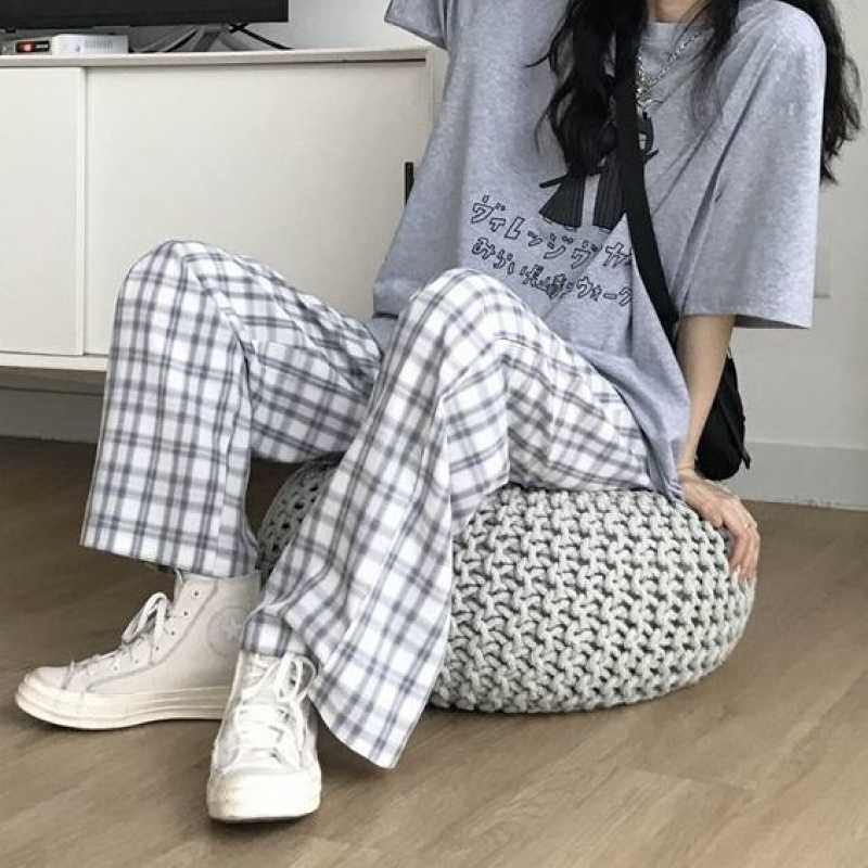 

Korea Ulzzang Plaid Pants Loose Casual Fashion Large Size Vintage Punk Hip Hop Straight Streetwear Women 210608