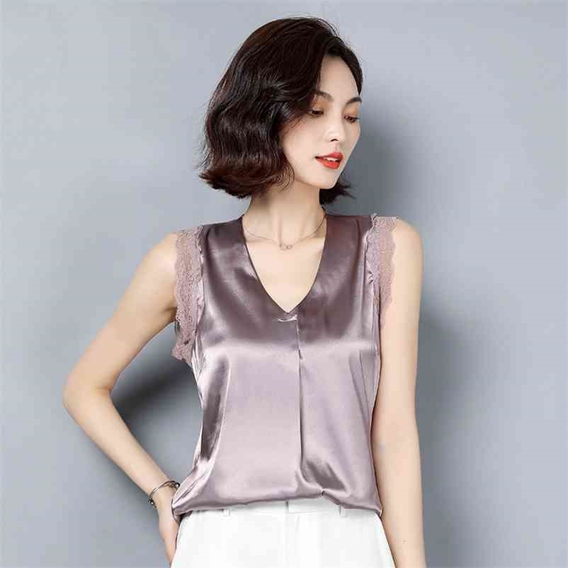 

Korean Silk Women Blouses Woman Lace Satin Tops Plus Size Sleeveless V-neck Blusas Mujer De Moda 210604, Black