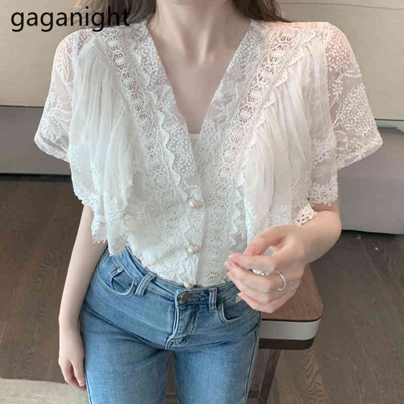 

Gaganight Summer Korean Sweet Button Up Women Chiffon Blouses Sexy V Neck Ladies White Tops Puff Sleeve Lace Shirt Blusas Femme 210519