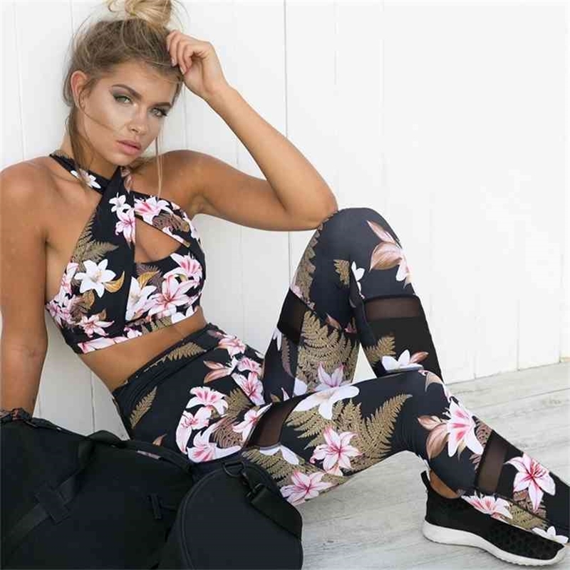 

Women's Fitness Suits Crop Tank Workout Floral Printed Top And Legging Pants 2 Pieces Set Summer Ladies Sexy Tracksuit 210607, Black
